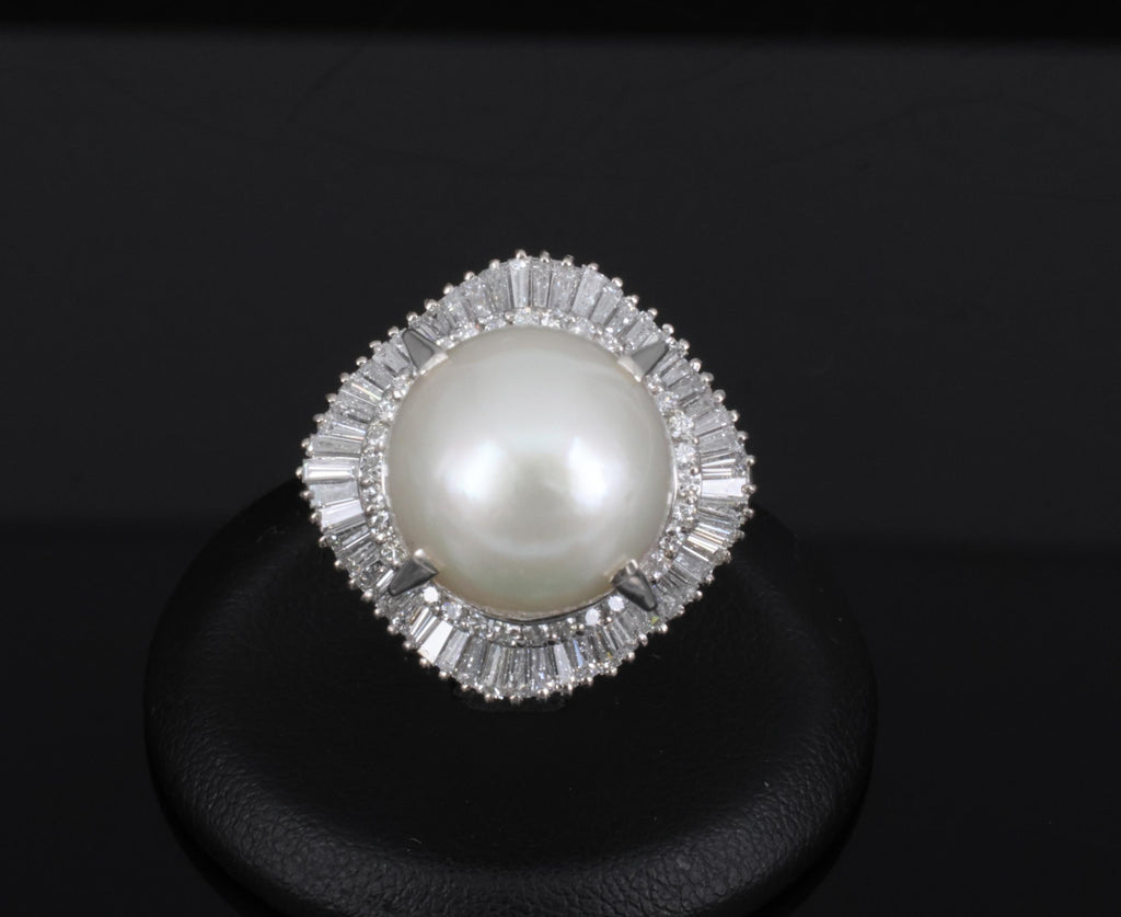 Fine 14.7mm South Seas Pearl & 1.85ct Diamond Platinum Halo Ring, 21.6g Size 8