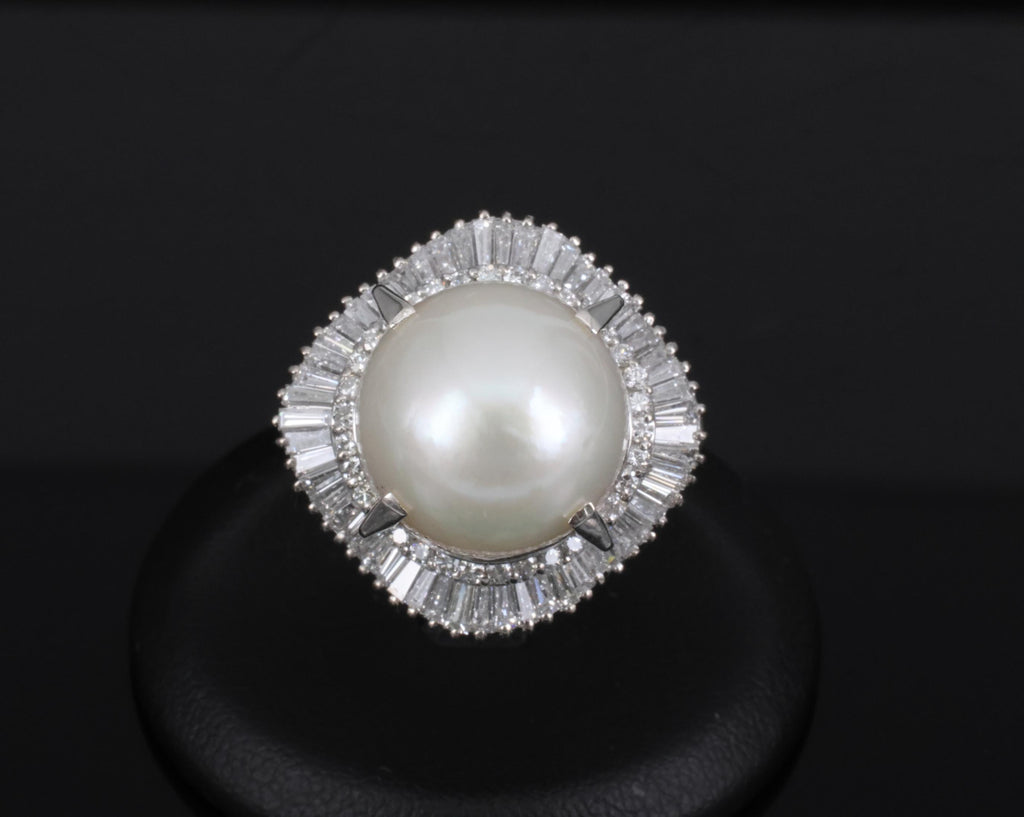 Fine 14.7mm South Seas Pearl & 1.85ct Diamond Platinum Halo Ring, 21.6g Size 8