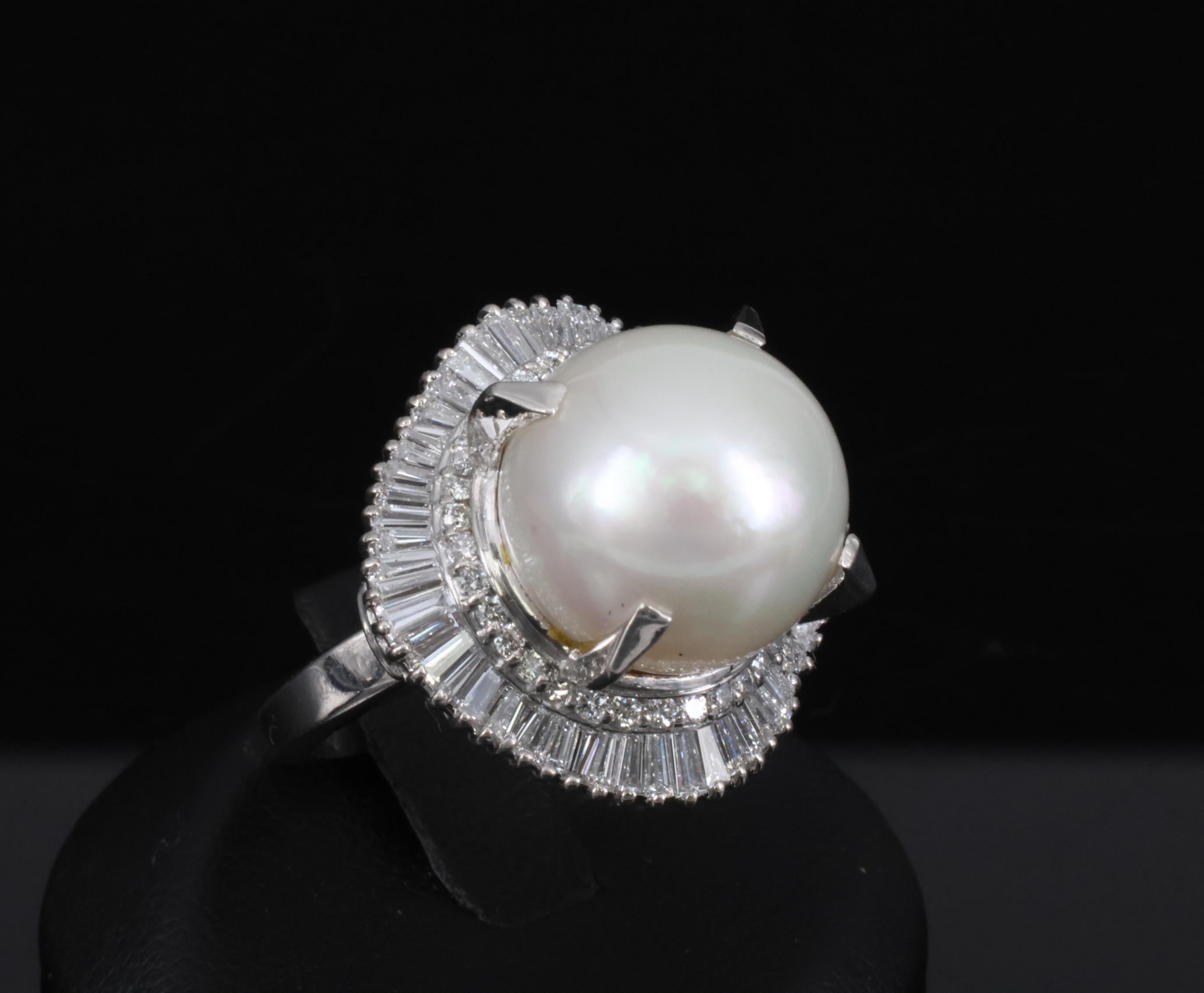 Fine 14.7mm South Seas Pearl & 1.85ct Diamond Platinum Halo Ring, 21.6g Size 8