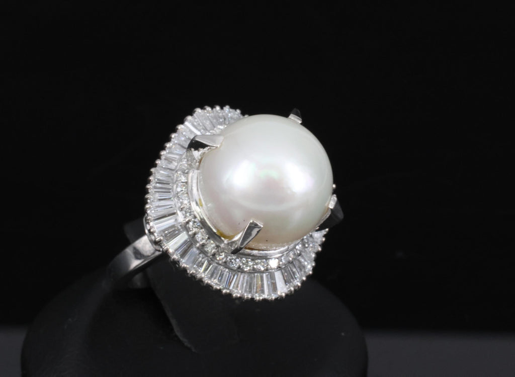 Fine 14.7mm South Seas Pearl & 1.85ct Diamond Platinum Halo Ring, 21.6g Size 8
