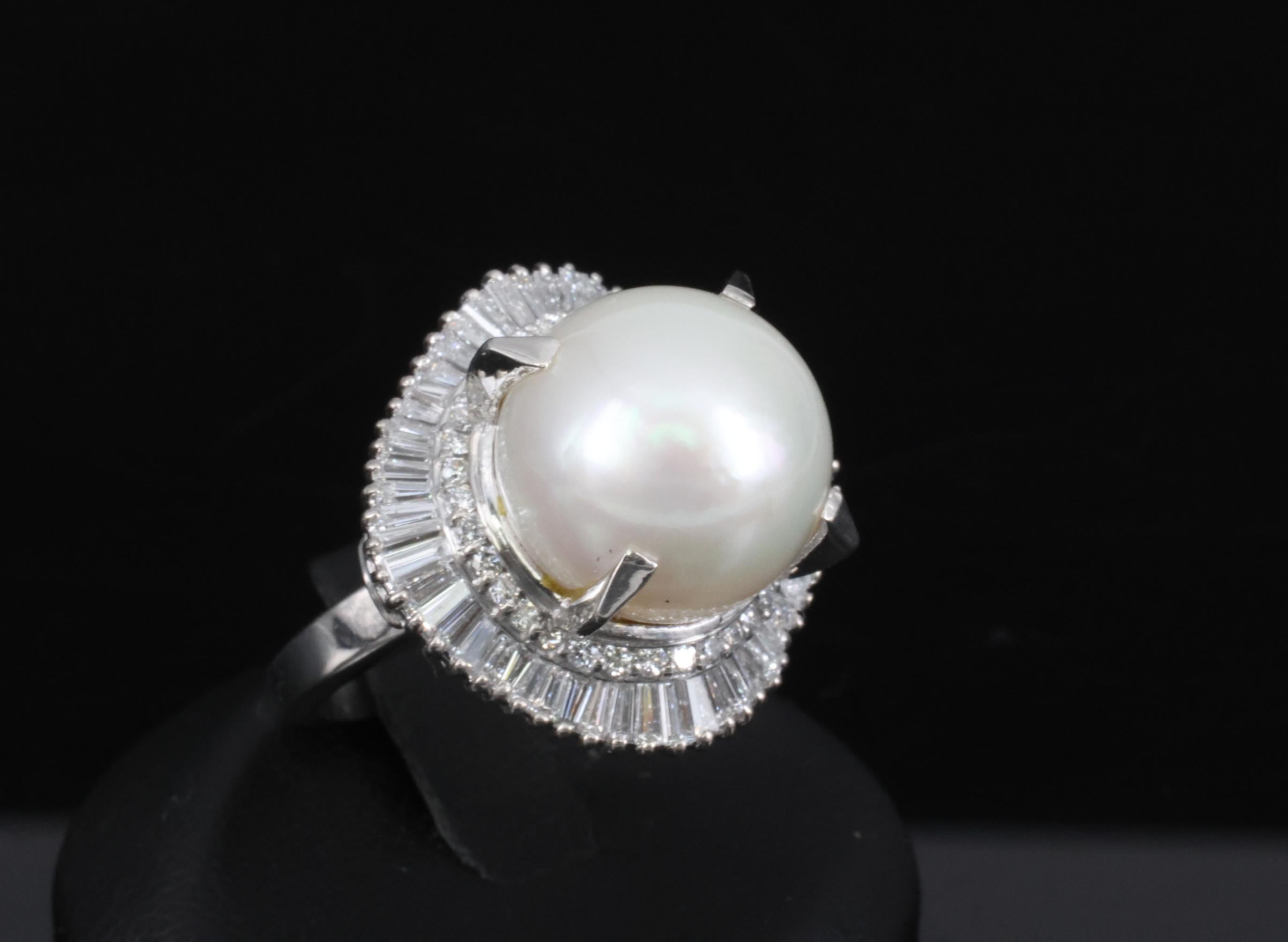 Fine 14.7mm South Seas Pearl & 1.85ct Diamond Platinum Halo Ring, 21.6g Size 8