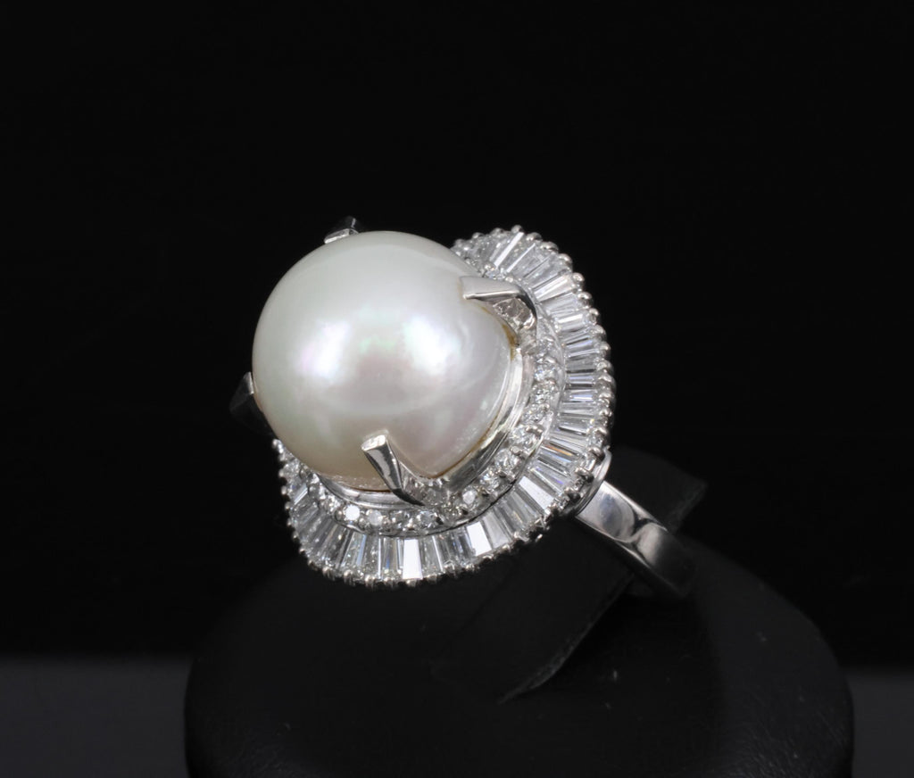 Fine 14.7mm South Seas Pearl & 1.85ct Diamond Platinum Halo Ring, 21.6g Size 8