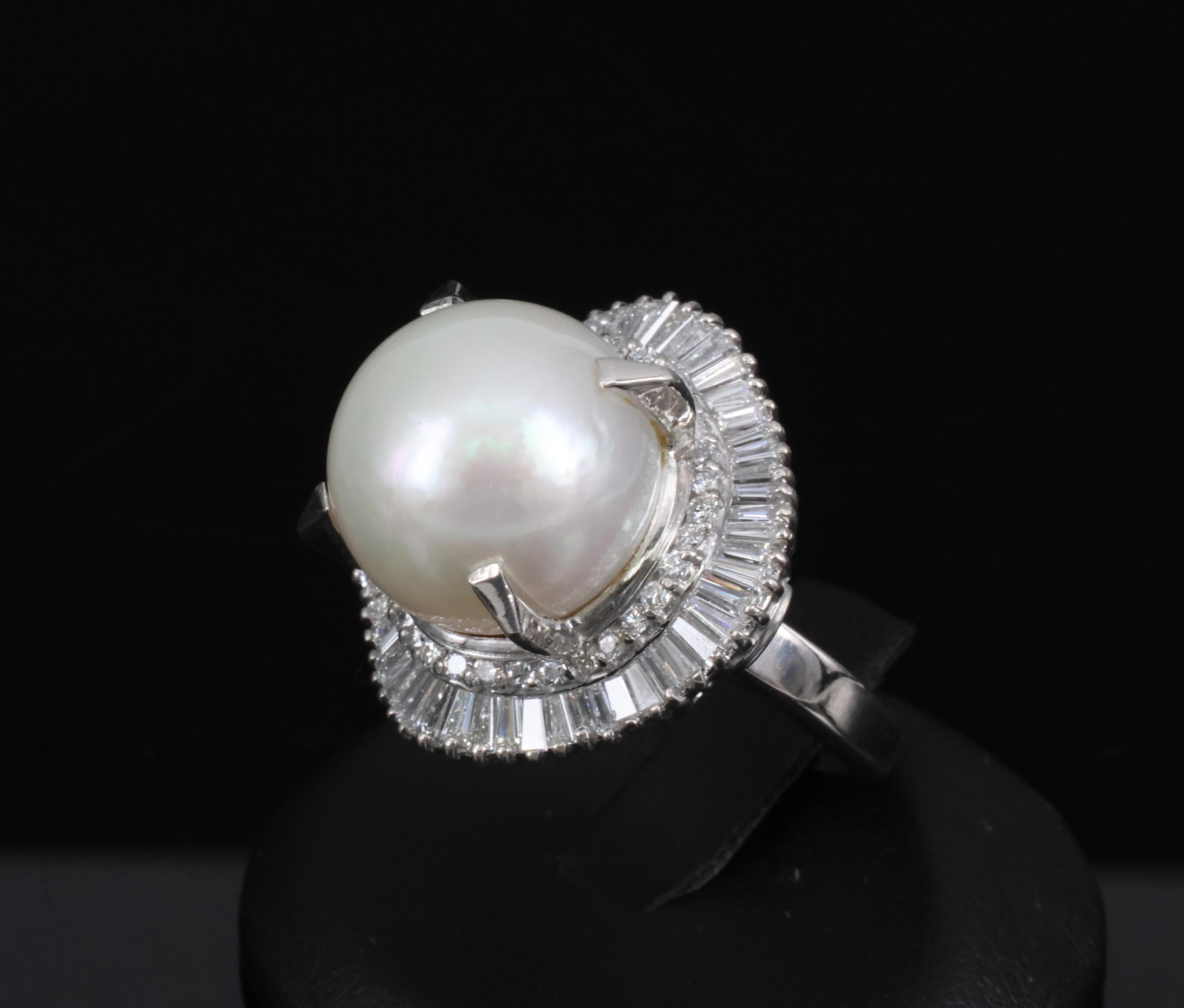 Fine 14.7mm South Seas Pearl & 1.85ct Diamond Platinum Halo Ring, 21.6g Size 8