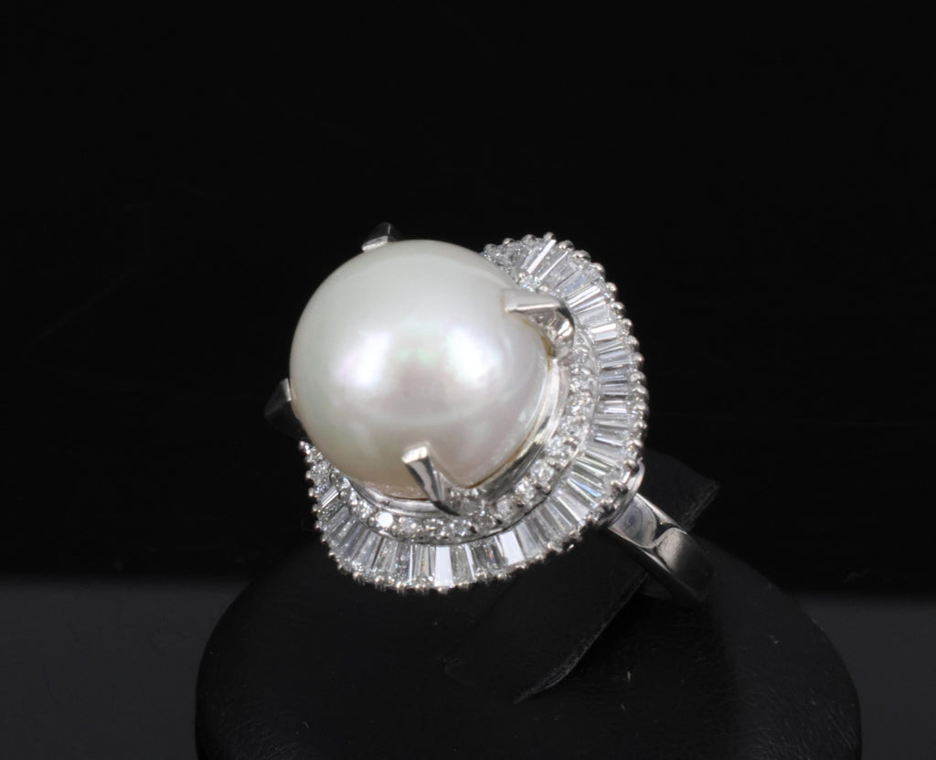 Fine 14.7mm South Seas Pearl & 1.85ct Diamond Platinum Halo Ring, 21.6g Size 8