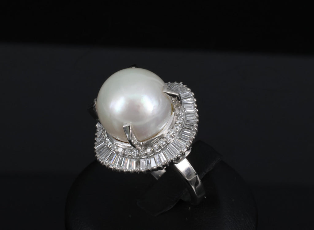 Fine 14.7mm South Seas Pearl & 1.85ct Diamond Platinum Halo Ring, 21.6g Size 8
