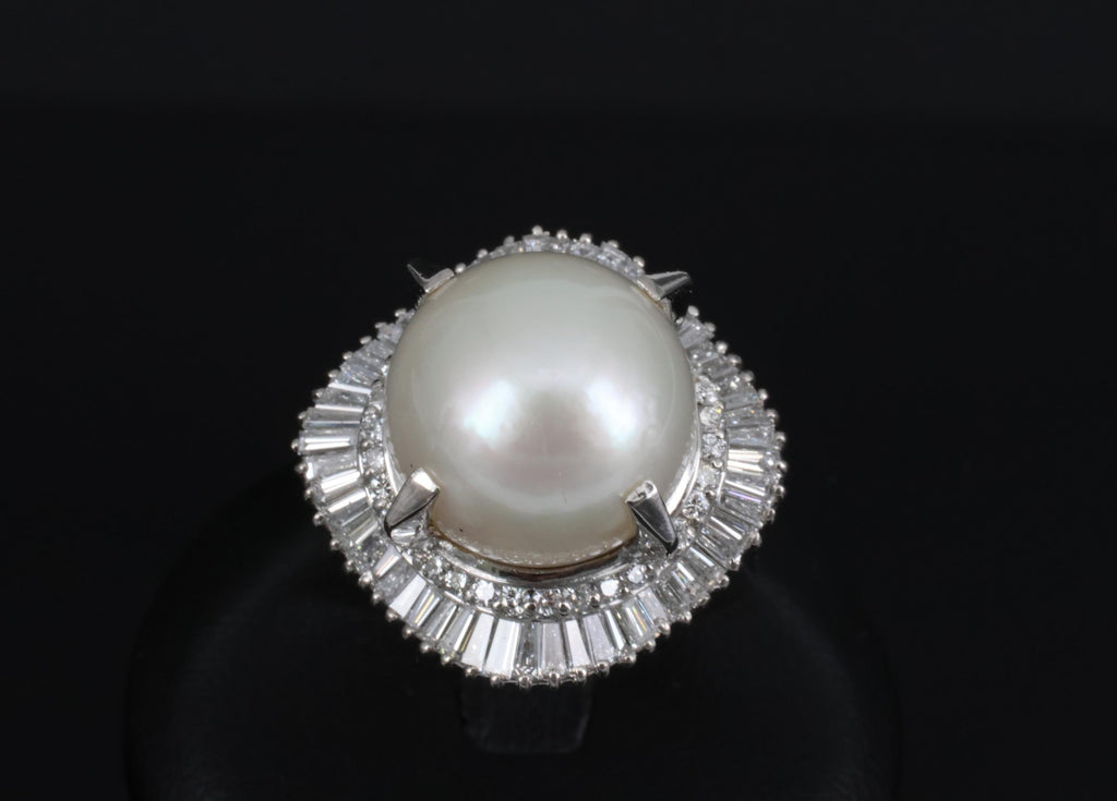 Fine 14.7mm South Seas Pearl & 1.85ct Diamond Platinum Halo Ring, 21.6g Size 8