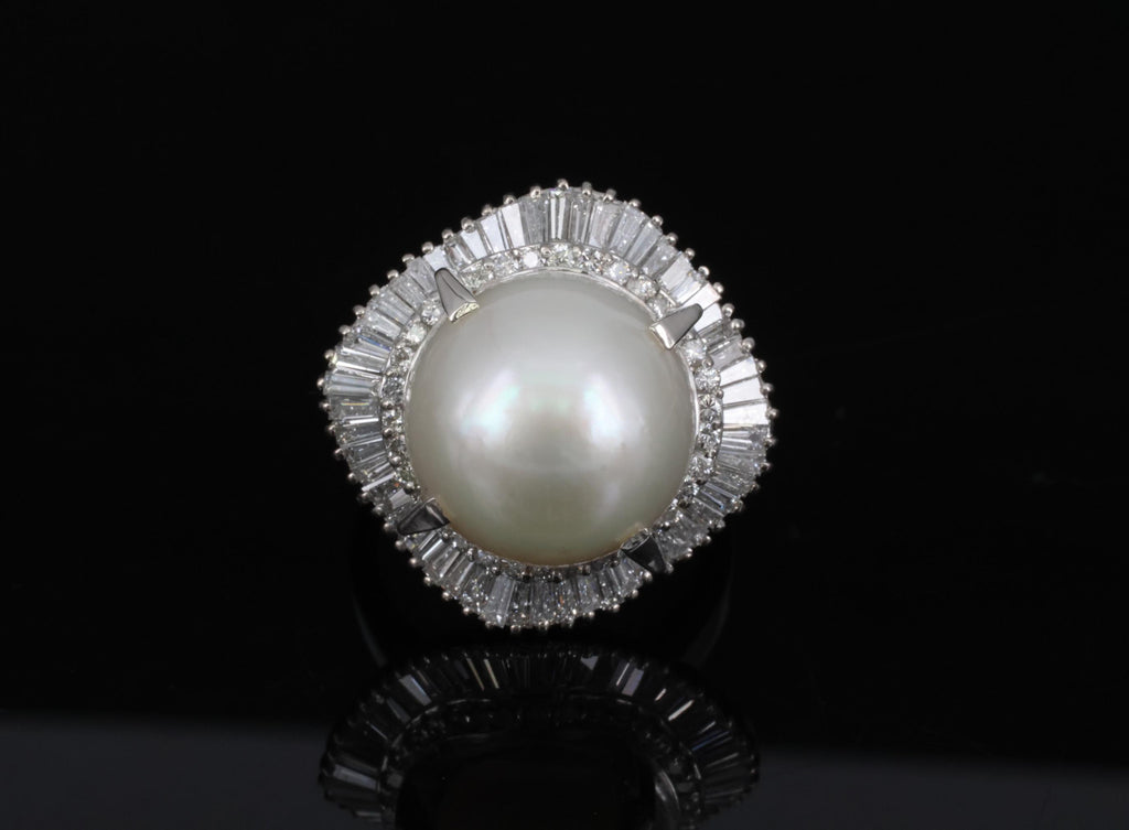 Fine 14.7mm South Seas Pearl & 1.85ct Diamond Platinum Halo Ring, 21.6g Size 8