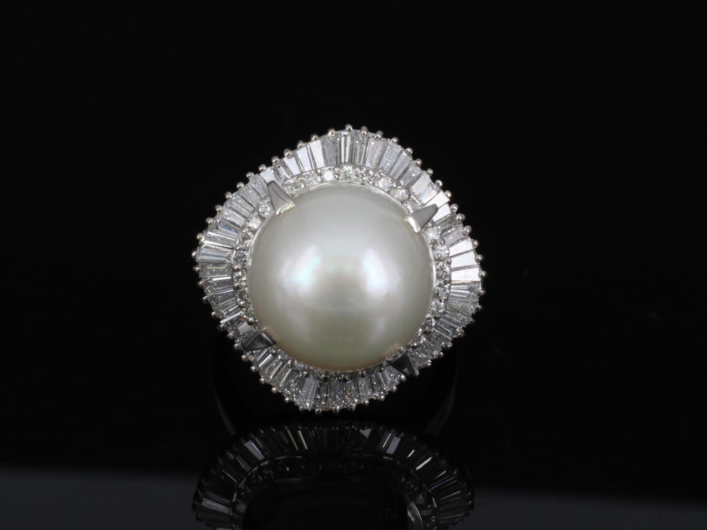 Fine 14.7mm South Seas Pearl & 1.85ct Diamond Platinum Halo Ring, 21.6g Size 8