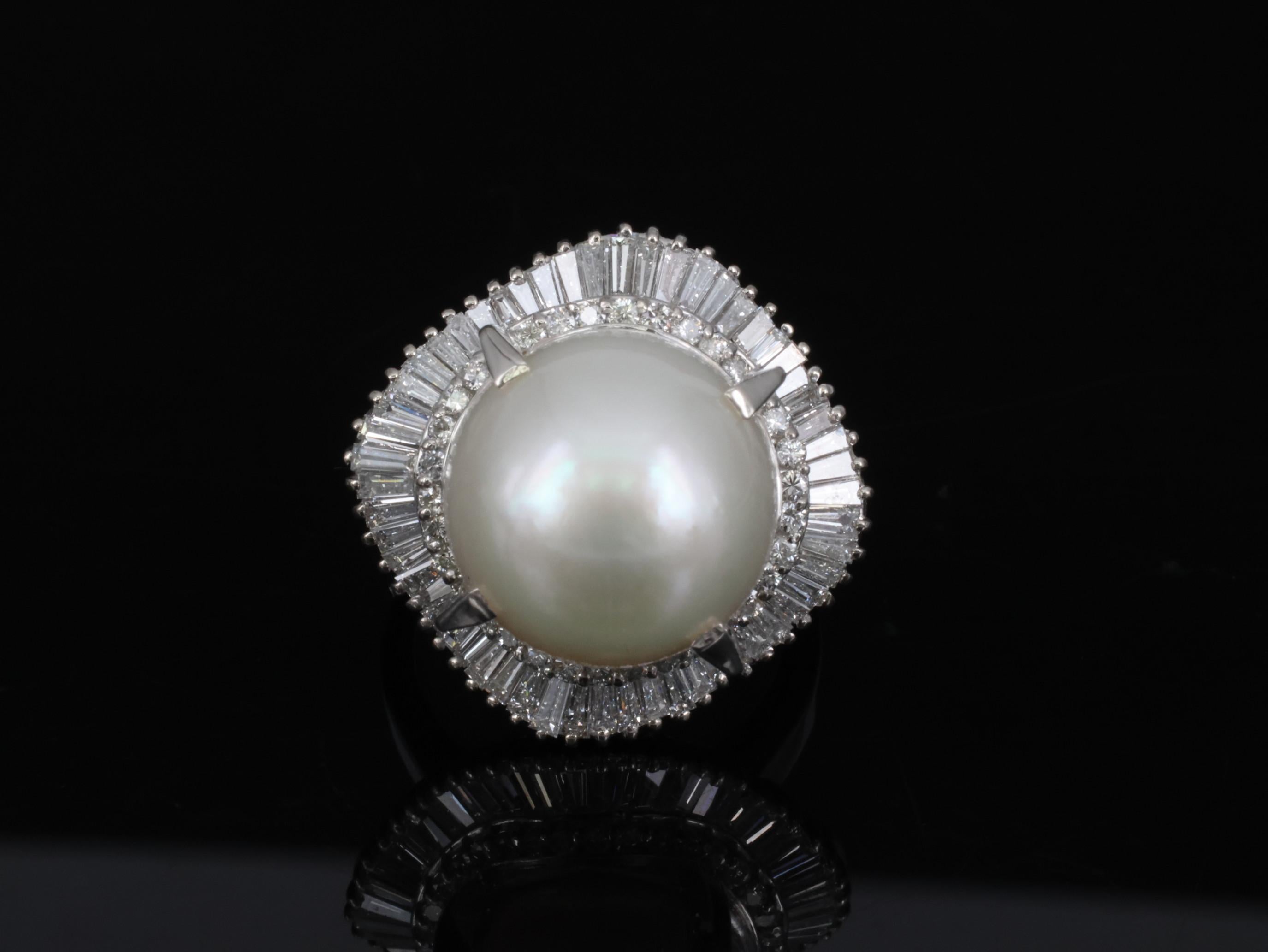 Fine 14.7mm South Seas Pearl & 1.85ct Diamond Platinum Halo Ring, 21.6g Size 8