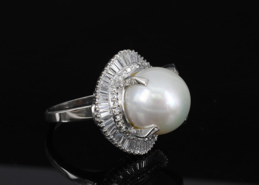 Fine 14.7mm South Seas Pearl & 1.85ct Diamond Platinum Halo Ring, 21.6g Size 8