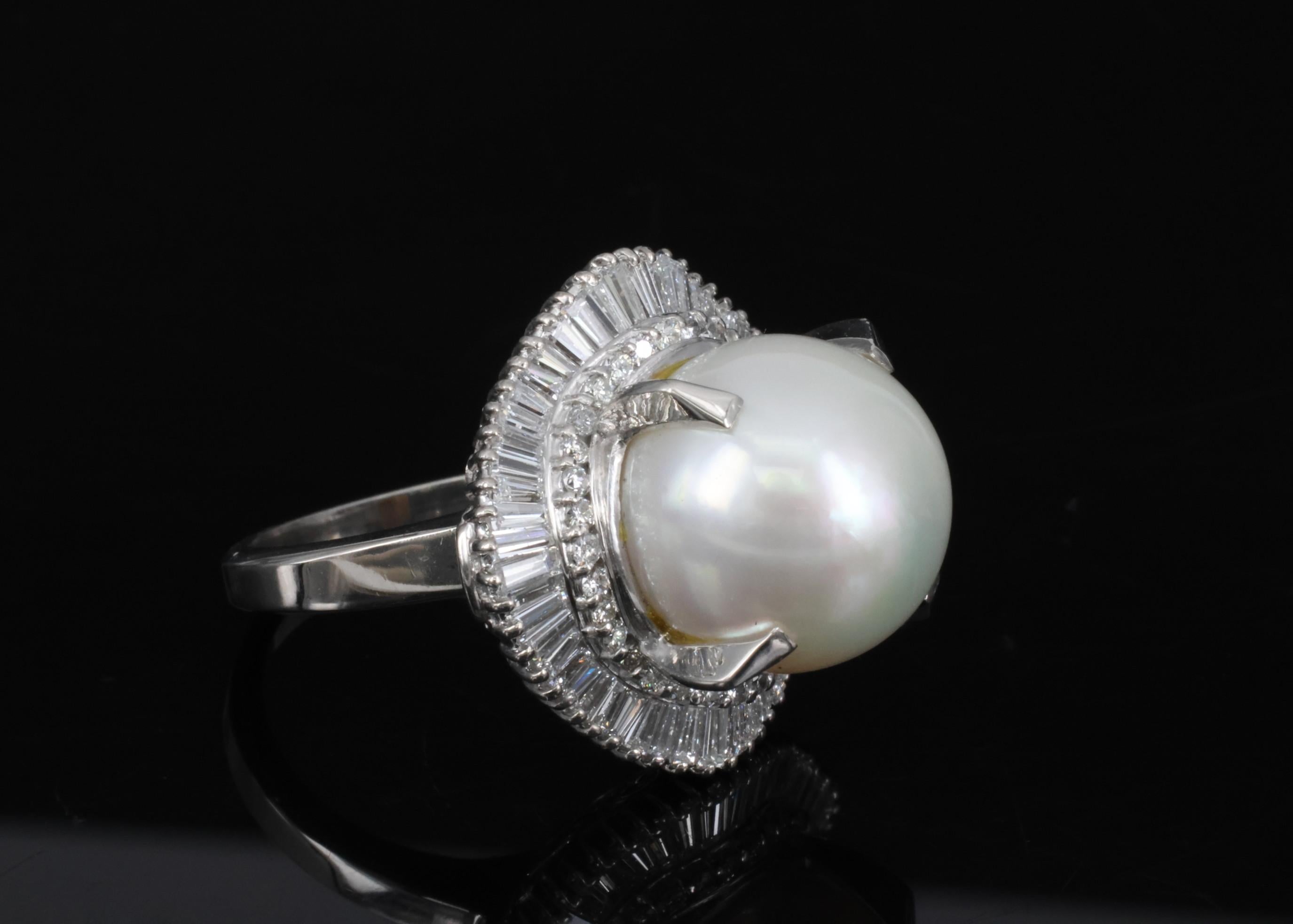 Fine 14.7mm South Seas Pearl & 1.85ct Diamond Platinum Halo Ring, 21.6g Size 8