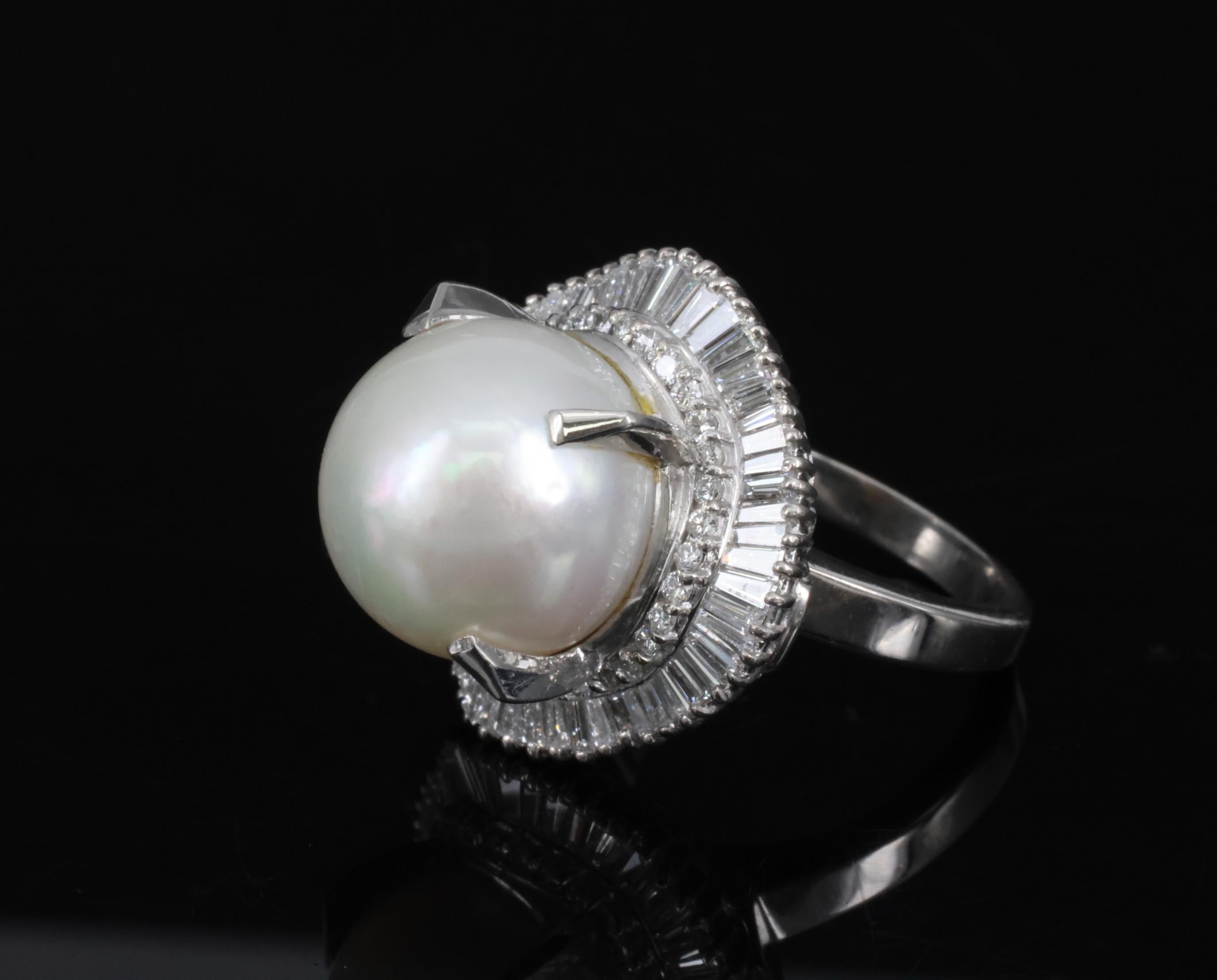 Fine 14.7mm South Seas Pearl & 1.85ct Diamond Platinum Halo Ring, 21.6g Size 8