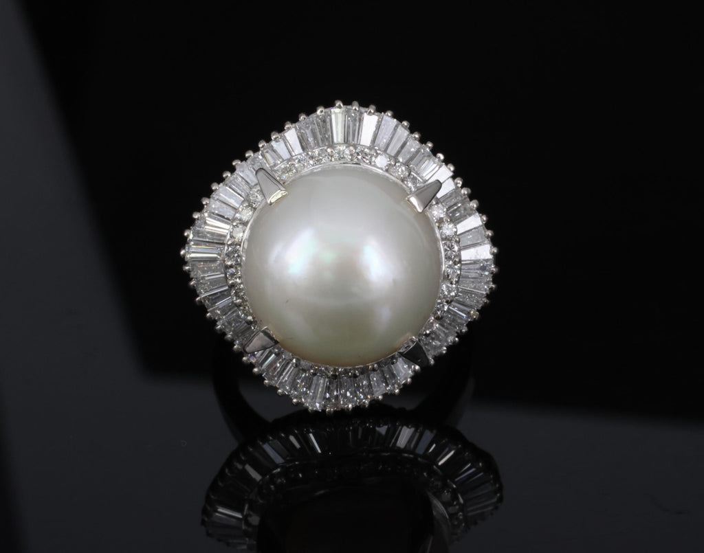 Fine 14.7mm South Seas Pearl & 1.85ct Diamond Platinum Halo Ring, 21.6g Size 8