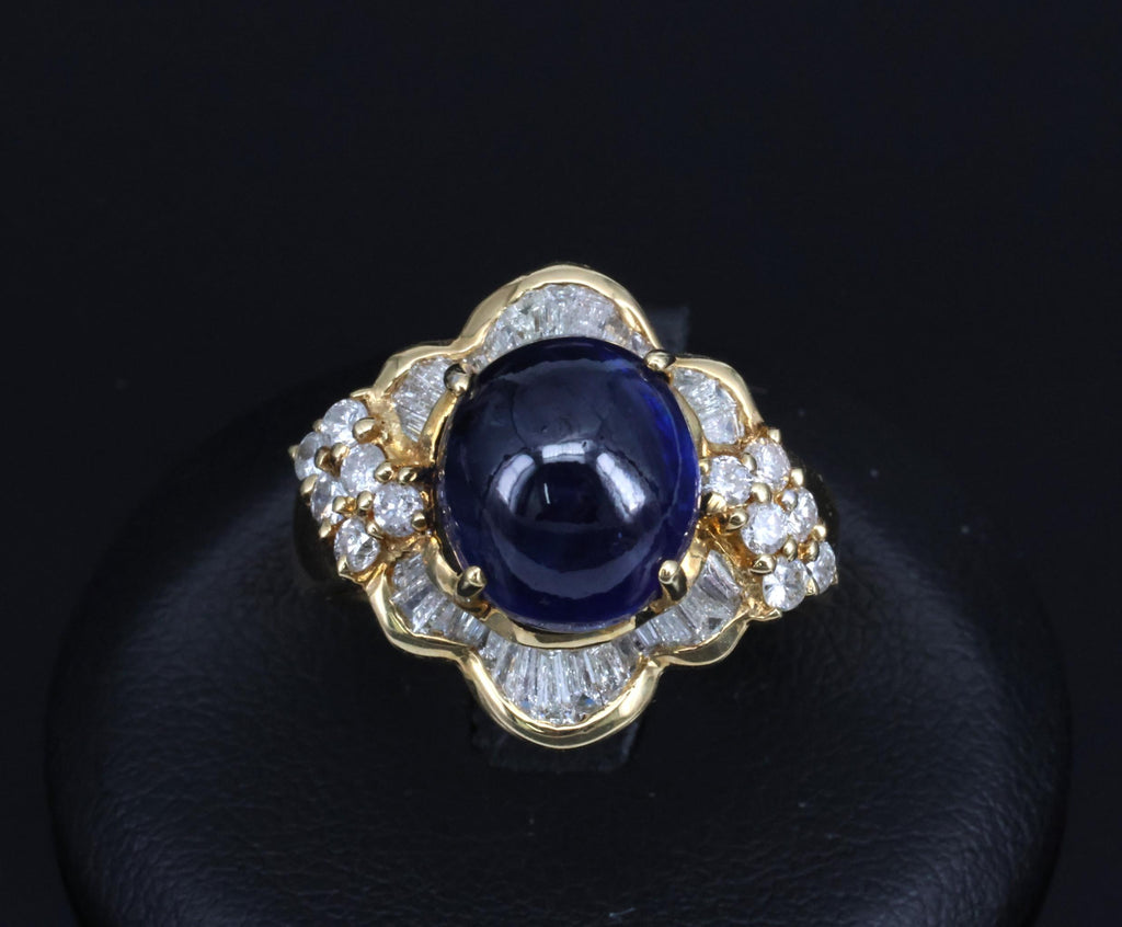 Vintage 8.37ct Deep Blue Sapphire & 1.10ct Diamond 18K Yellow Gold Ring Size 5