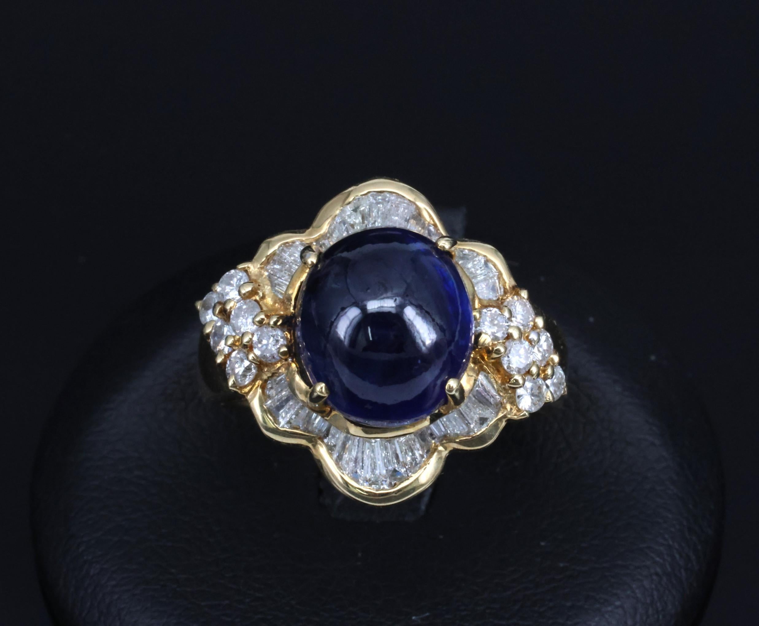 Vintage 8.37ct Deep Blue Sapphire & 1.10ct Diamond 18K Yellow Gold Ring Size 5
