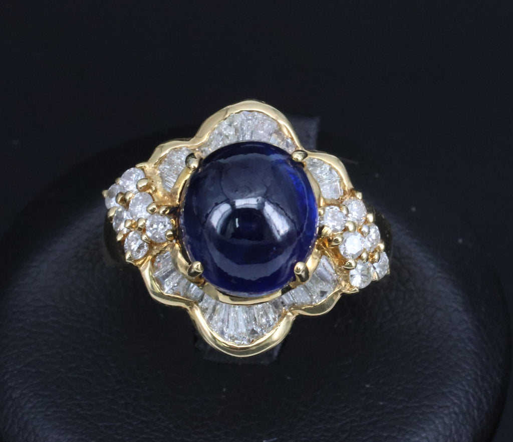 Vintage 8.37ct Deep Blue Sapphire & 1.10ct Diamond 18K Yellow Gold Ring Size 5