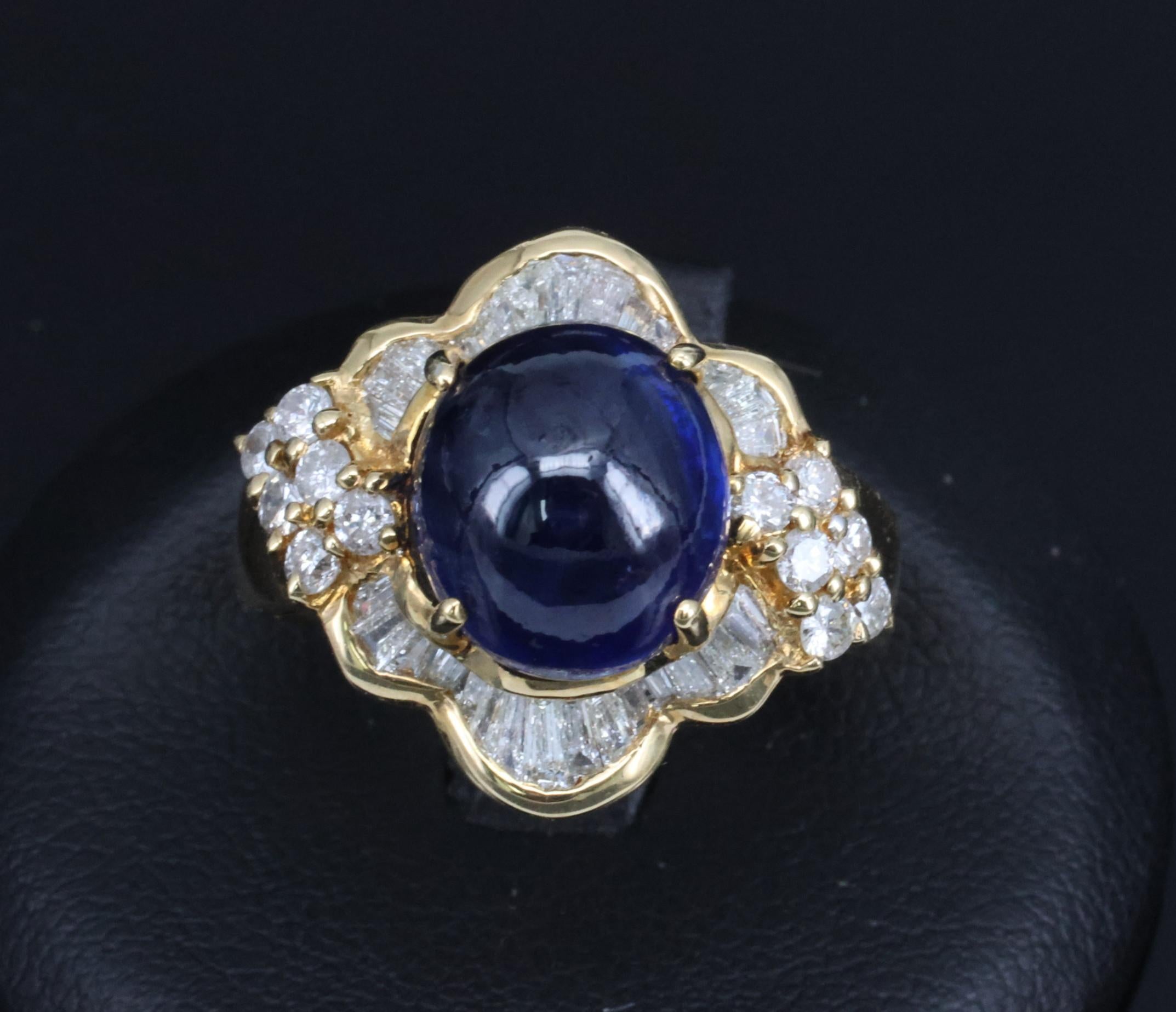 Vintage 8.37ct Deep Blue Sapphire & 1.10ct Diamond 18K Yellow Gold Ring Size 5