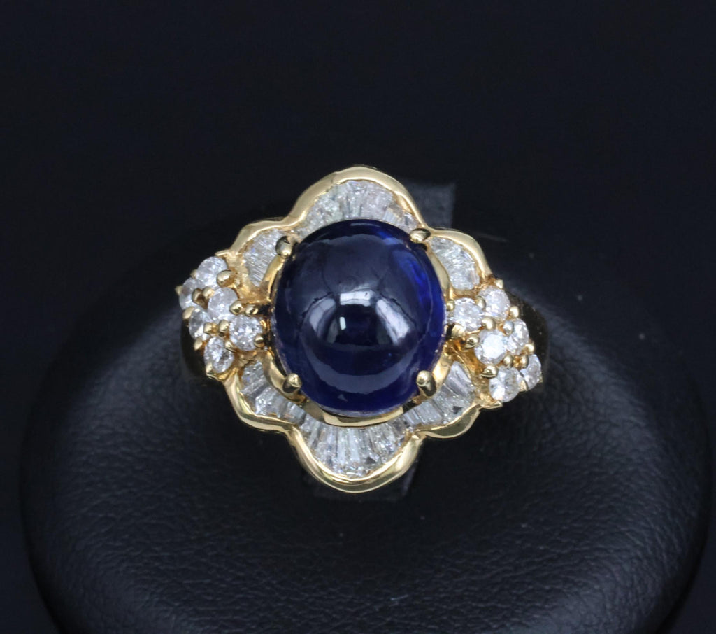 Vintage 8.37ct Deep Blue Sapphire & 1.10ct Diamond 18K Yellow Gold Ring Size 5