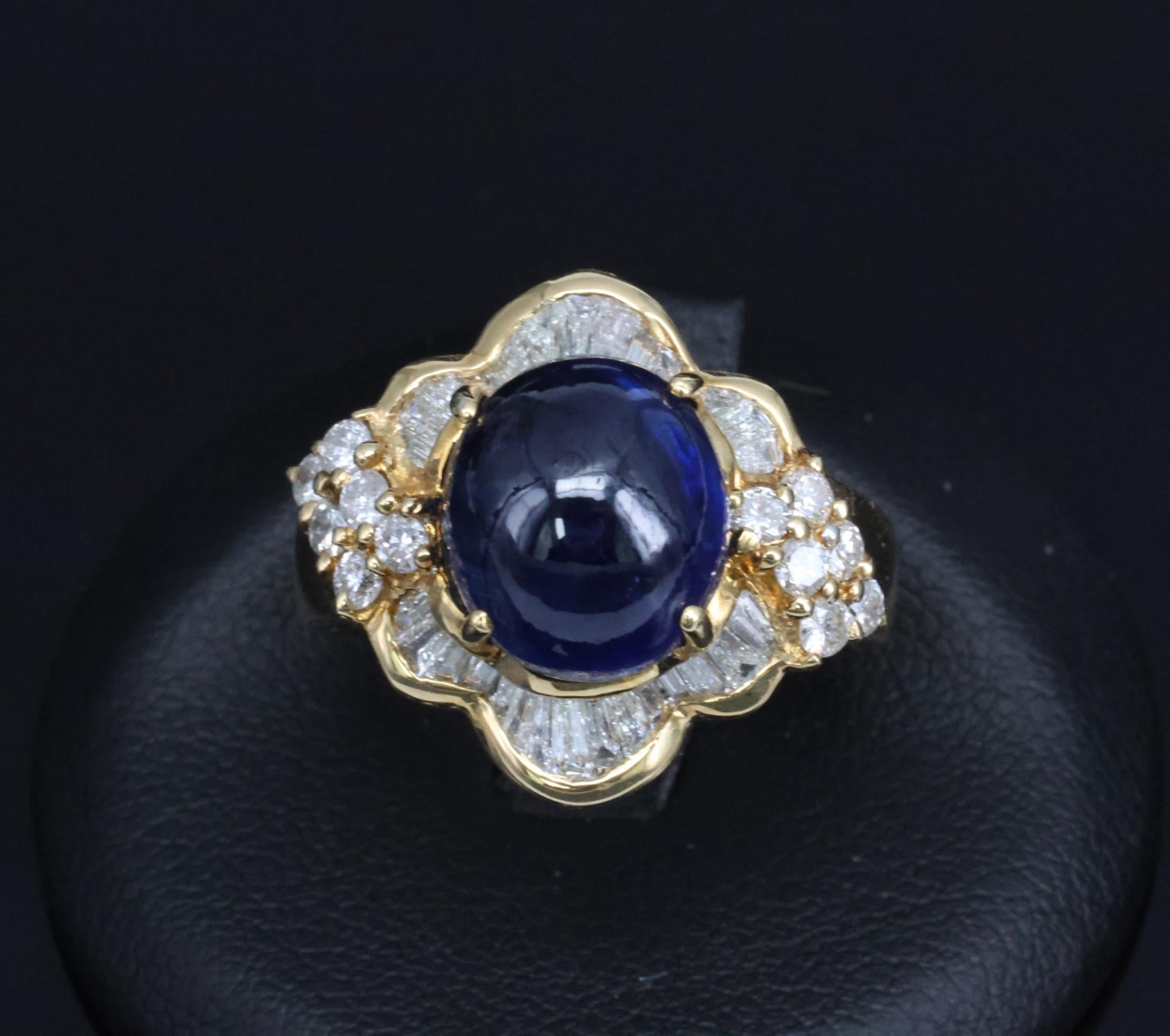 Vintage 8.37ct Deep Blue Sapphire & 1.10ct Diamond 18K Yellow Gold Ring Size 5