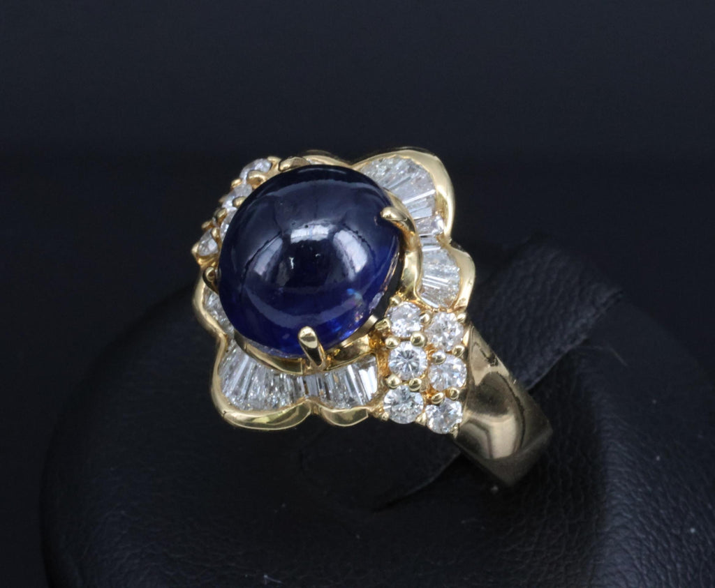 Vintage 8.37ct Deep Blue Sapphire & 1.10ct Diamond 18K Yellow Gold Ring Size 5