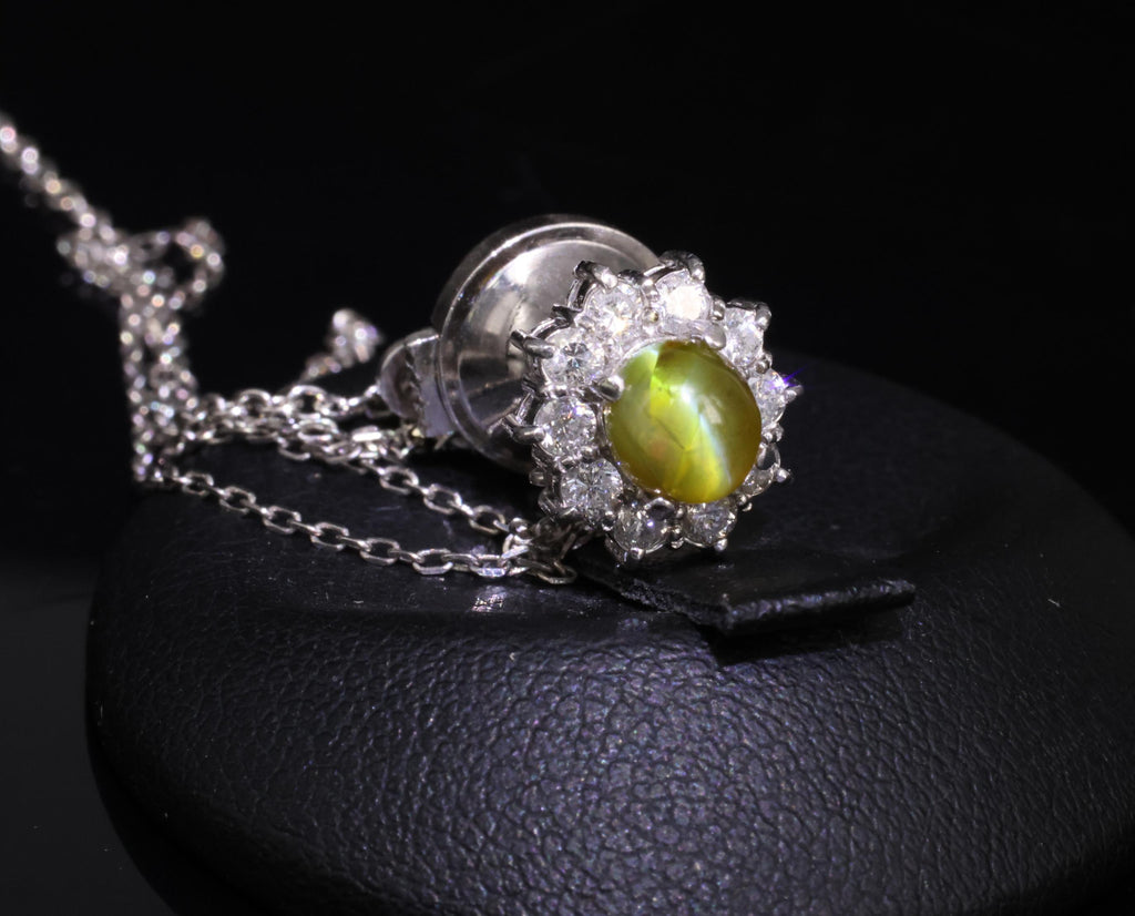Vintage 1.60ct Chrysoberyl Cat's Eye & 0.41ct Diamond Platinum Tie Tack Pin
