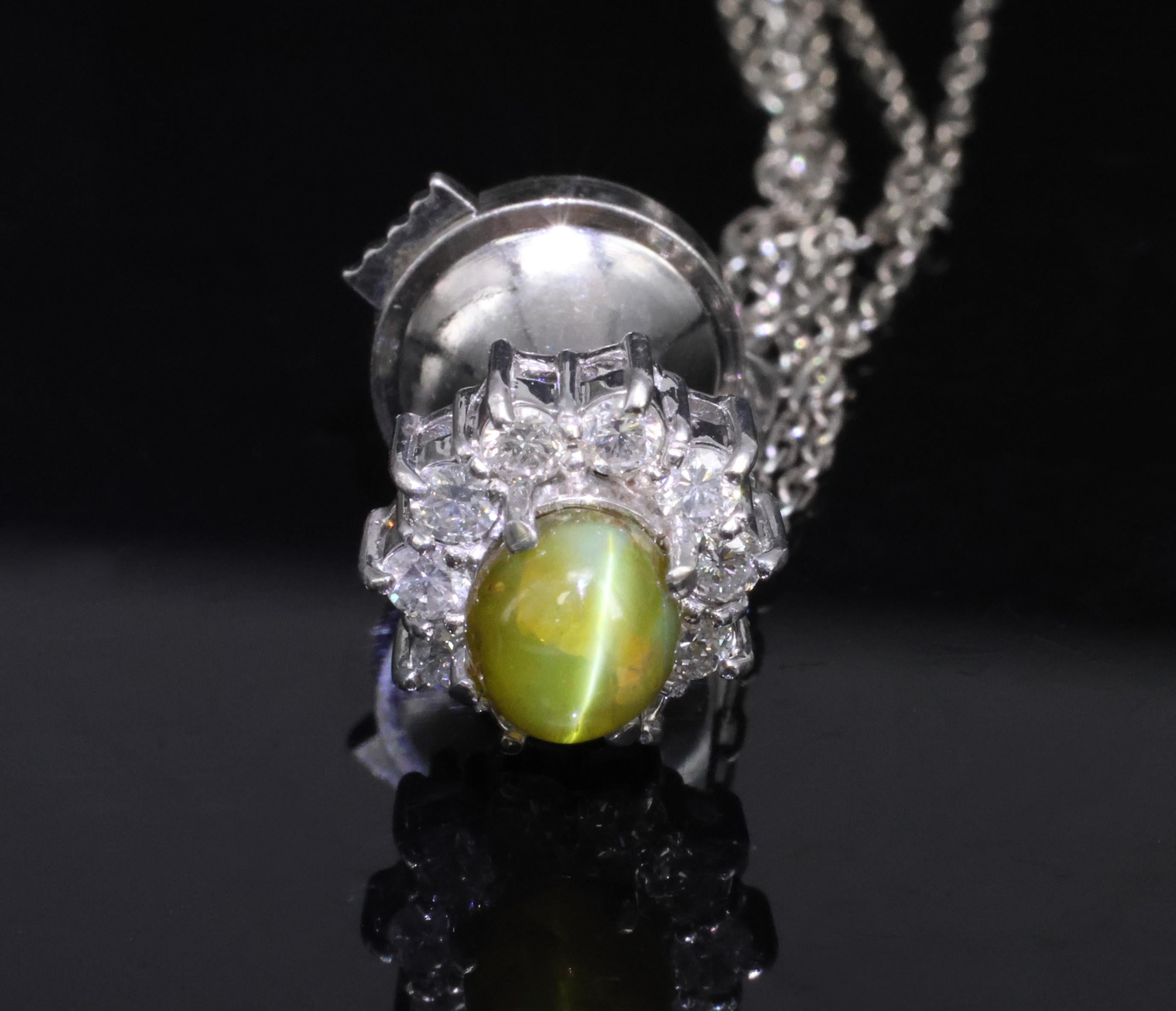 Vintage 1.60ct Chrysoberyl Cat's Eye & 0.41ct Diamond Platinum Tie Tack Pin