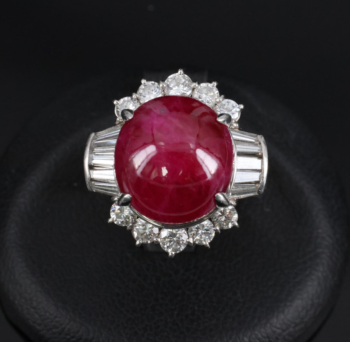 11.32ct Cabochon Cut Natural Ruby & 1.32ct Diamond Platinum Ring, Size 4.5
