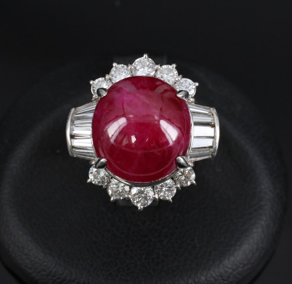 11.32ct Cabochon Cut Natural Ruby & 1.32ct Diamond Platinum Ring, Size 4.5