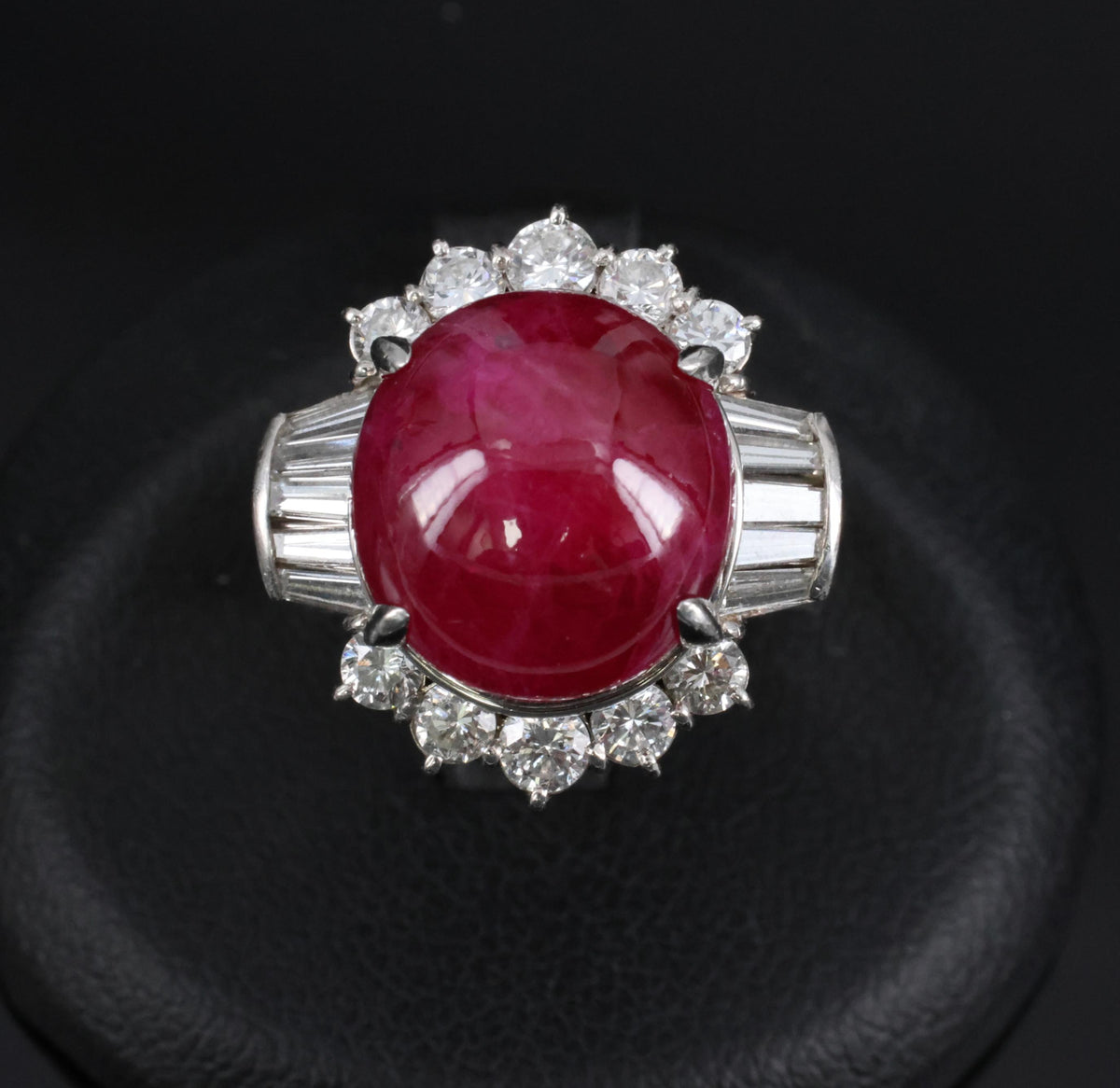 11.32ct Cabochon Cut Natural Ruby & 1.32ct Diamond Platinum Ring, Size 4.5