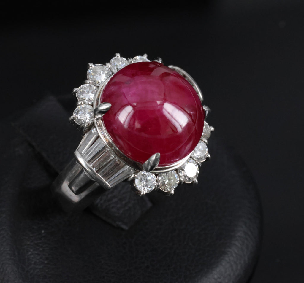 11.32ct Cabochon Cut Natural Ruby & 1.32ct Diamond Platinum Ring, Size 4.5