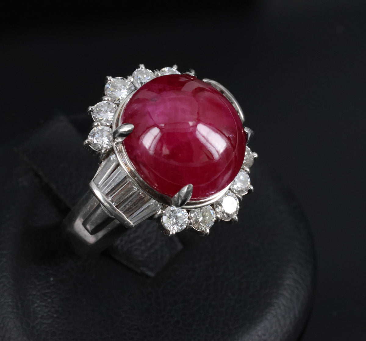 11.32ct Cabochon Cut Natural Ruby & 1.32ct Diamond Platinum Ring, Size 4.5