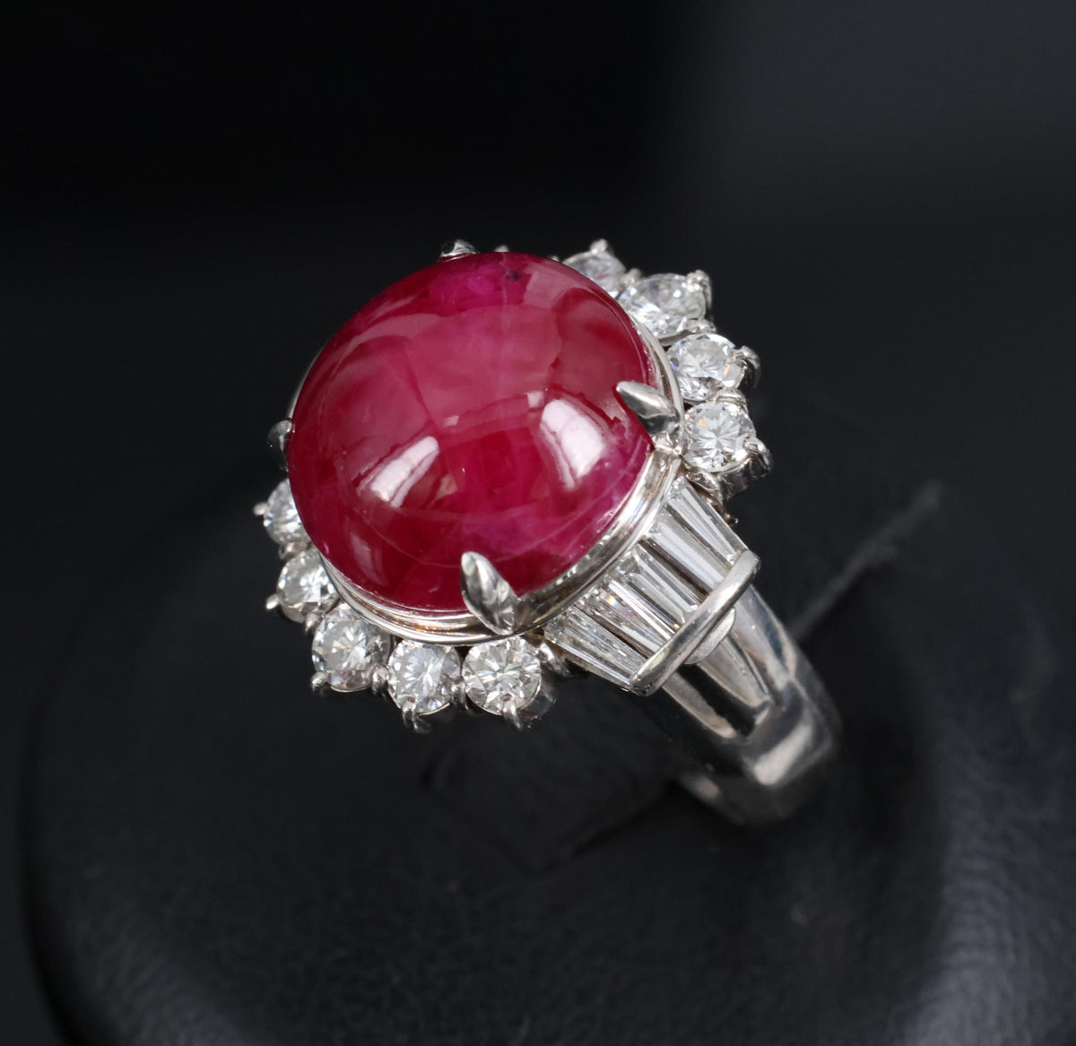 11.32ct Cabochon Cut Natural Ruby & 1.32ct Diamond Platinum Ring, Size 4.5