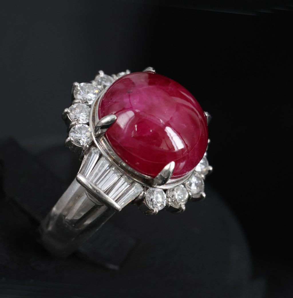 11.32ct Cabochon Cut Natural Ruby & 1.32ct Diamond Platinum Ring, Size 4.5