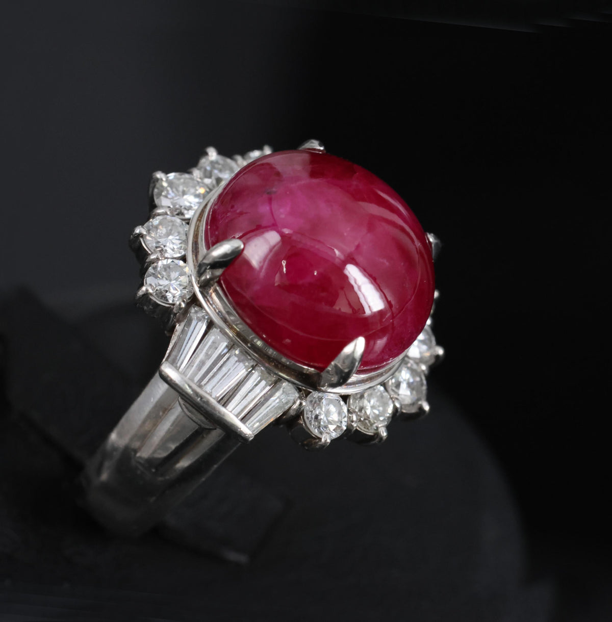 11.32ct Cabochon Cut Natural Ruby & 1.32ct Diamond Platinum Ring, Size 4.5