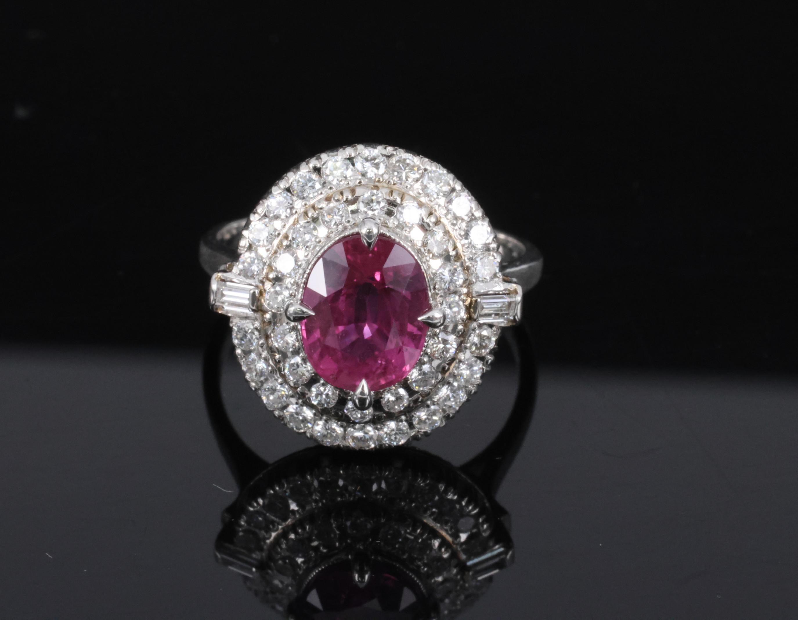 Fine Vintage 2.02ct GIA Thai Ruby & 0.83 Diamond Platinum Ring, Size 6