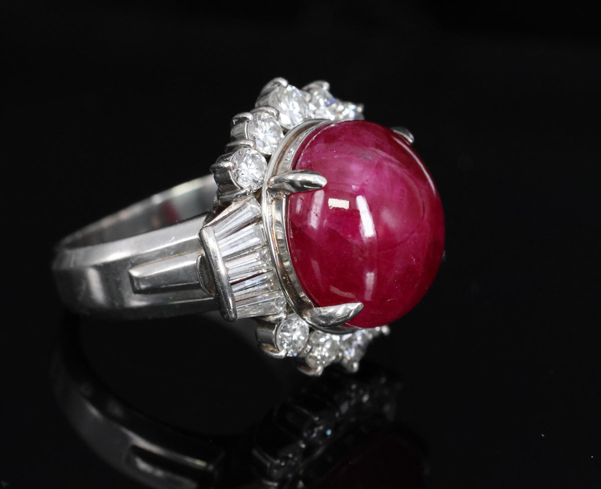 11.32ct Cabochon Cut Natural Ruby & 1.32ct Diamond Platinum Ring, Size 4.5