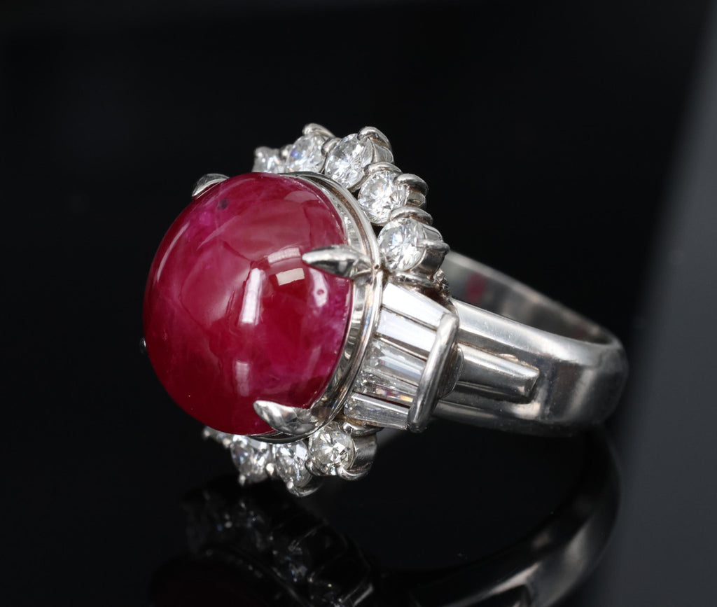 11.32ct Cabochon Cut Natural Ruby & 1.32ct Diamond Platinum Ring, Size 4.5