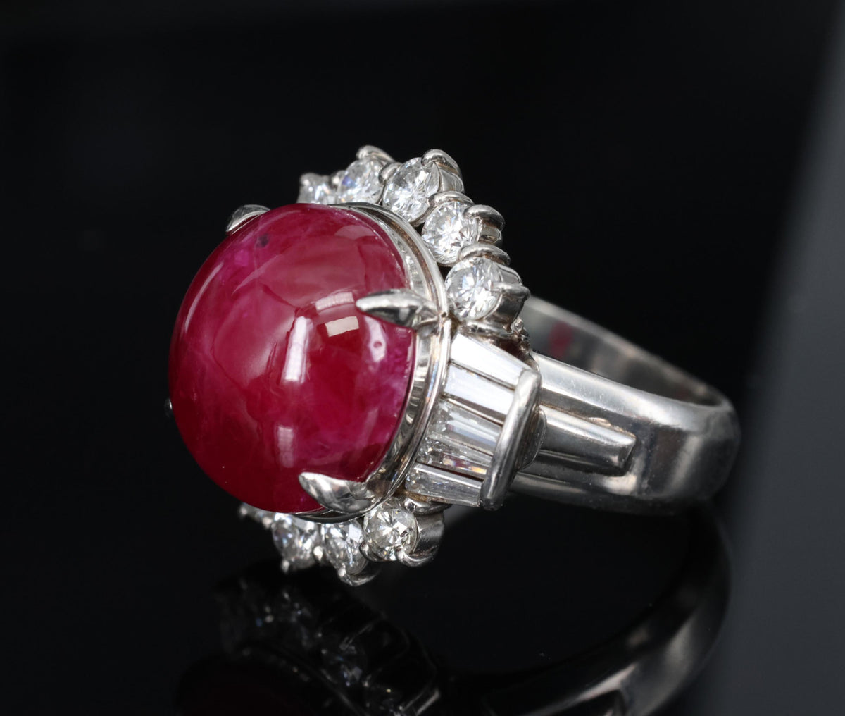11.32ct Cabochon Cut Natural Ruby & 1.32ct Diamond Platinum Ring, Size 4.5