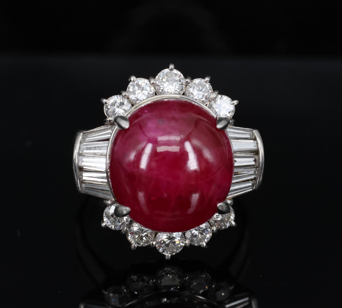 11.32ct Cabochon Cut Natural Ruby & 1.32ct Diamond Platinum Ring, Size 4.5