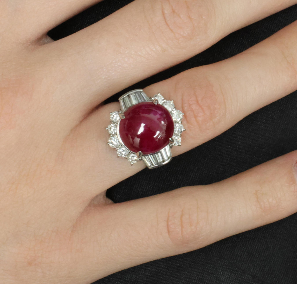 11.32ct Cabochon Cut Natural Ruby & 1.32ct Diamond Platinum Ring, Size 4.5