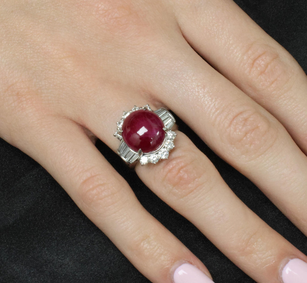 11.32ct Cabochon Cut Natural Ruby & 1.32ct Diamond Platinum Ring, Size 4.5