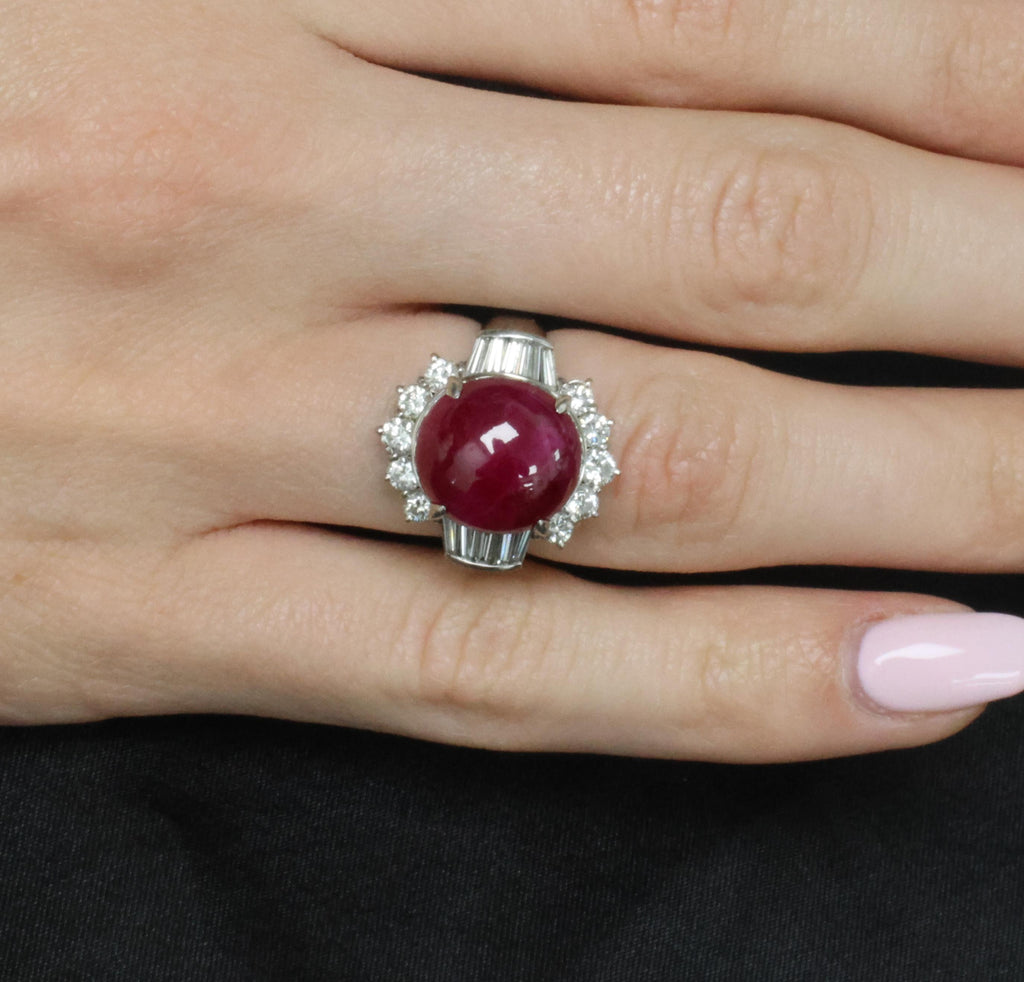 11.32ct Cabochon Cut Natural Ruby & 1.32ct Diamond Platinum Ring, Size 4.5