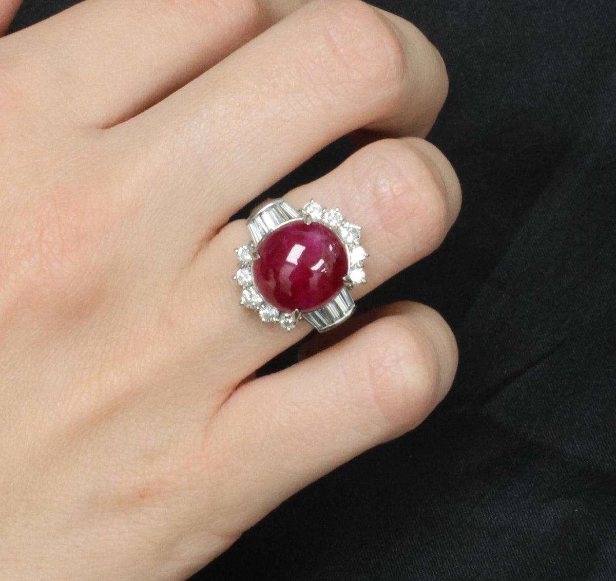 11.32ct Cabochon Cut Natural Ruby & 1.32ct Diamond Platinum Ring, Size 4.5