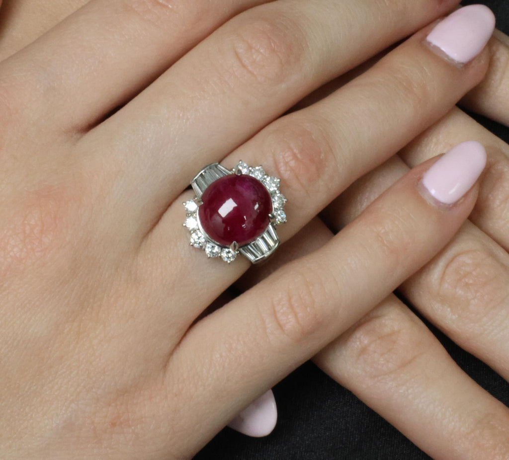 11.32ct Cabochon Cut Natural Ruby & 1.32ct Diamond Platinum Ring, Size 4.5
