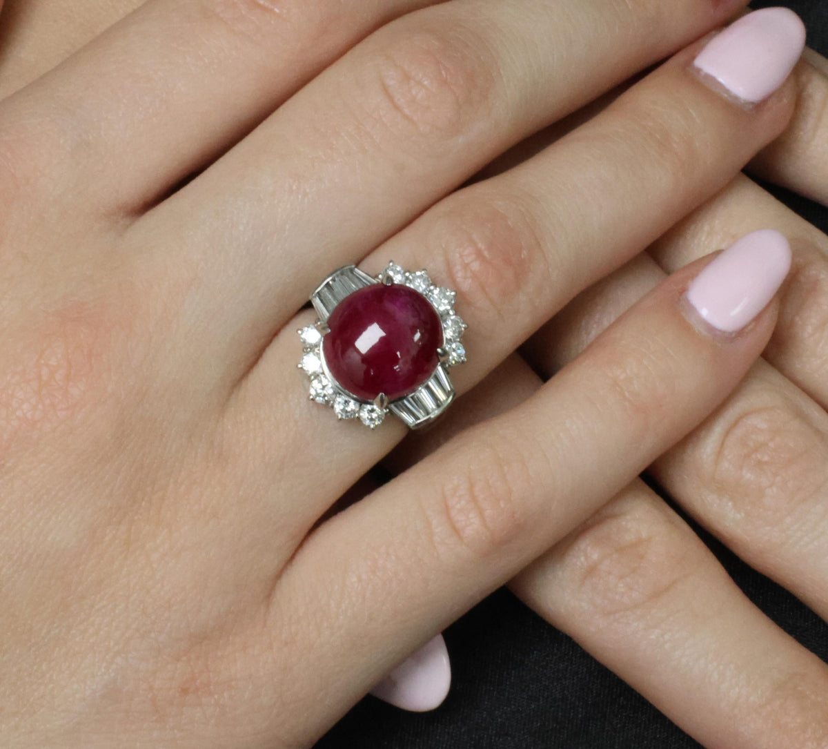 11.32ct Cabochon Cut Natural Ruby & 1.32ct Diamond Platinum Ring, Size 4.5