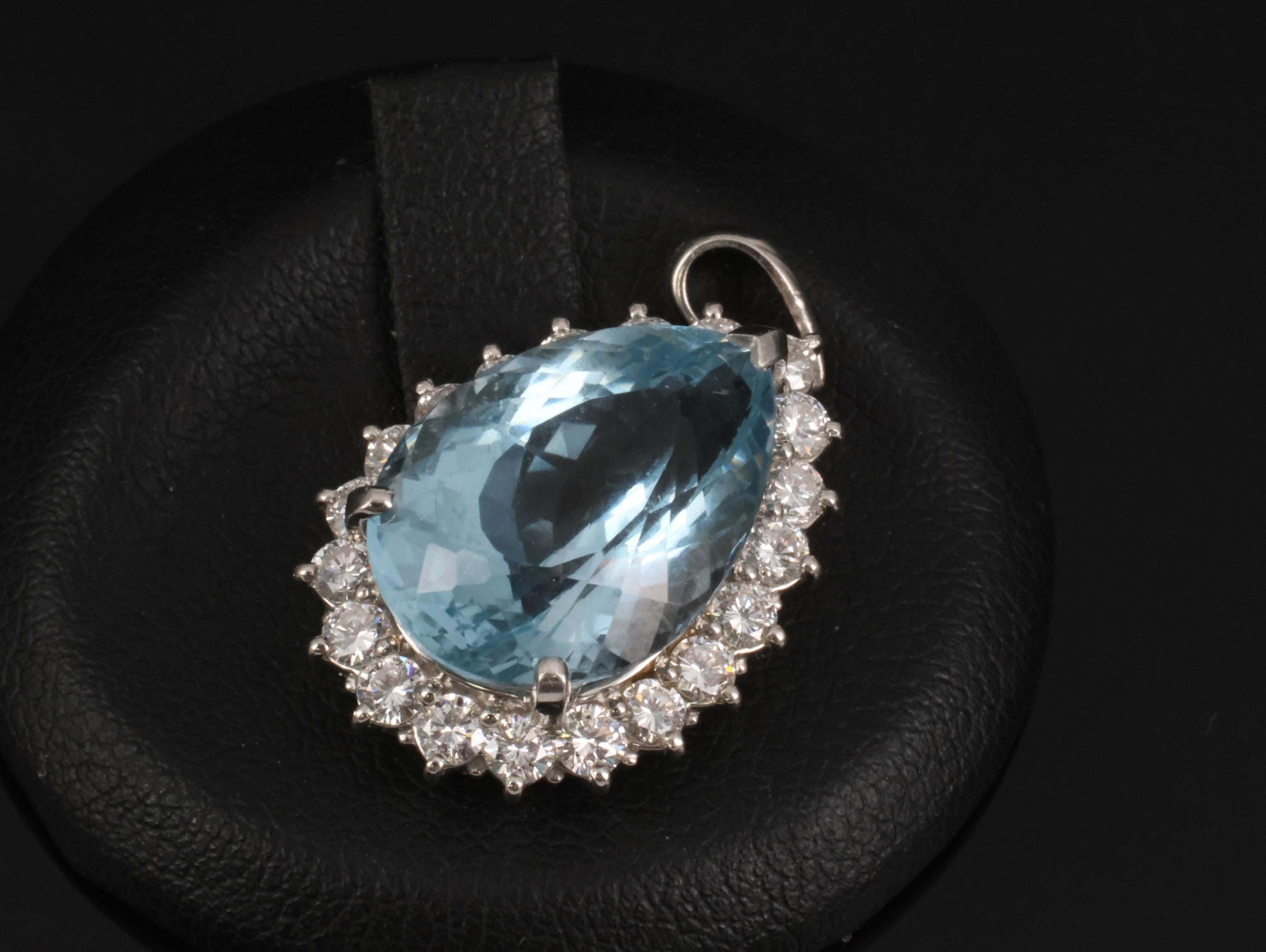 Fine 12.83ct Pear Shape Blue Topaz & 1.13ct Diamond Platinum Pendant