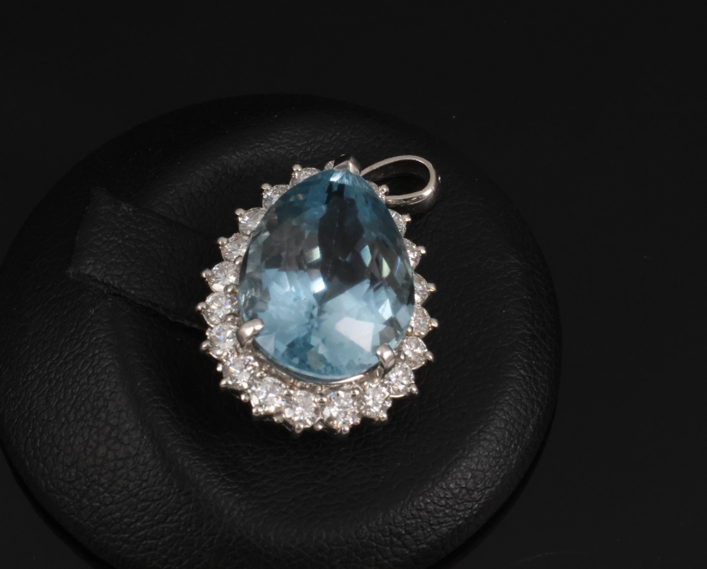 Fine 12.83ct Pear Shape Blue Topaz & 1.13ct Diamond Platinum Pendant