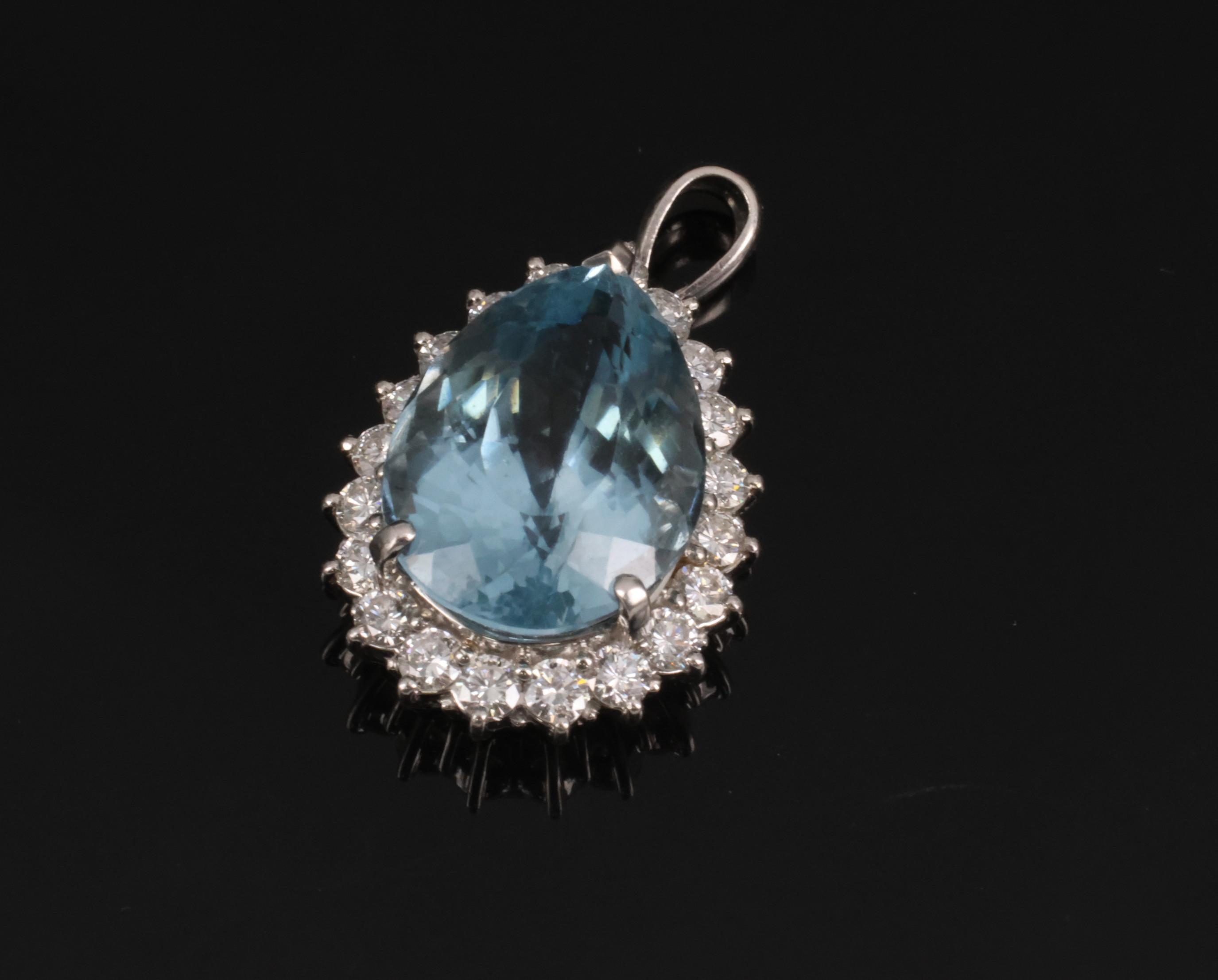 Fine 12.83ct Pear Shape Blue Topaz & 1.13ct Diamond Platinum Pendant