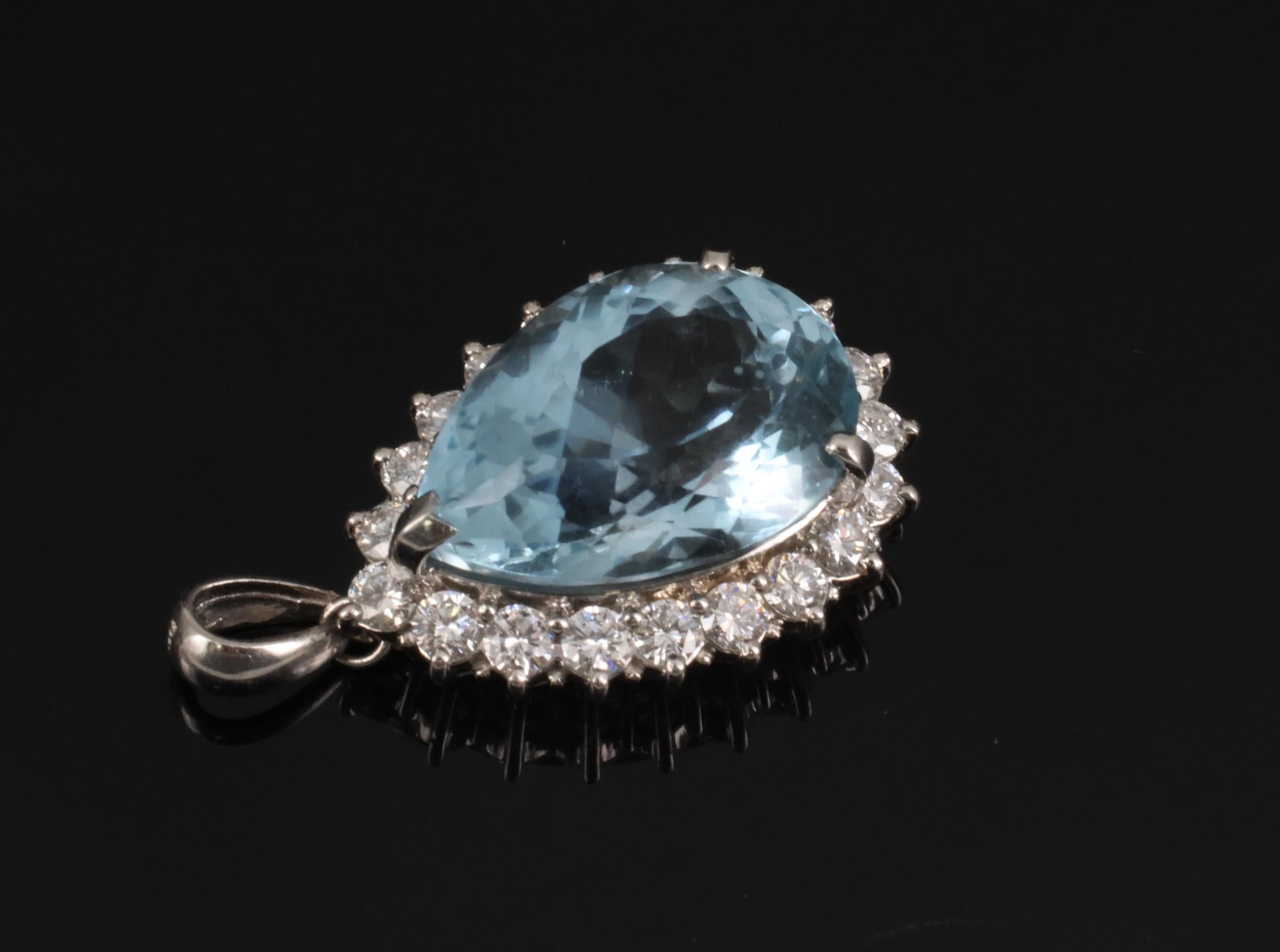 Fine 12.83ct Pear Shape Blue Topaz & 1.13ct Diamond Platinum Pendant