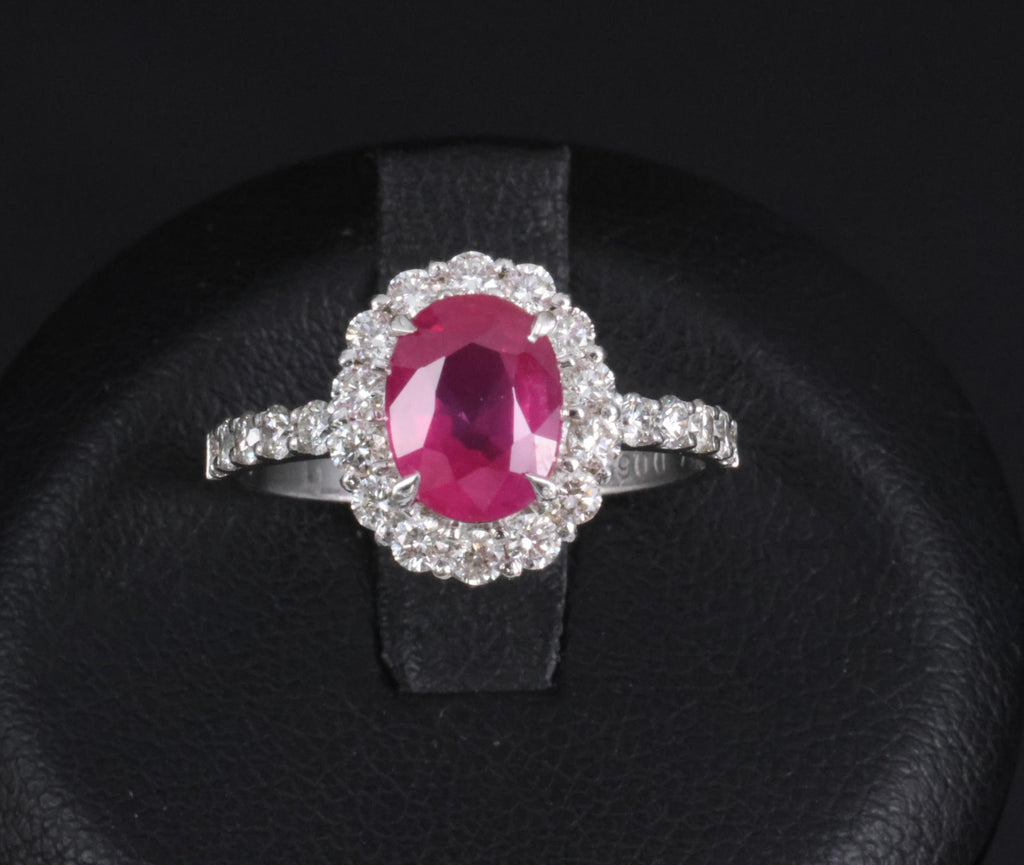 Fine 1.47ct GIA Mozambique Vivid Red Ruby & 0.61ct Diamond Platinum Ring Size 6